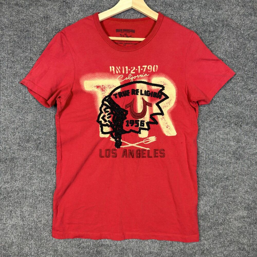 True Religion Mens Graphic T Shirt Size S Red Embroidered Los Angeles Logo Tee